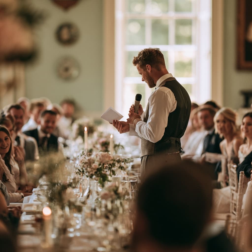 A wedding guest giving a speech from handwritten notes in a warm, candlelit reception room